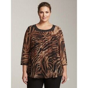 Maggie Barnes Tunic Blouse in Brown Zebra Print Studded Collar